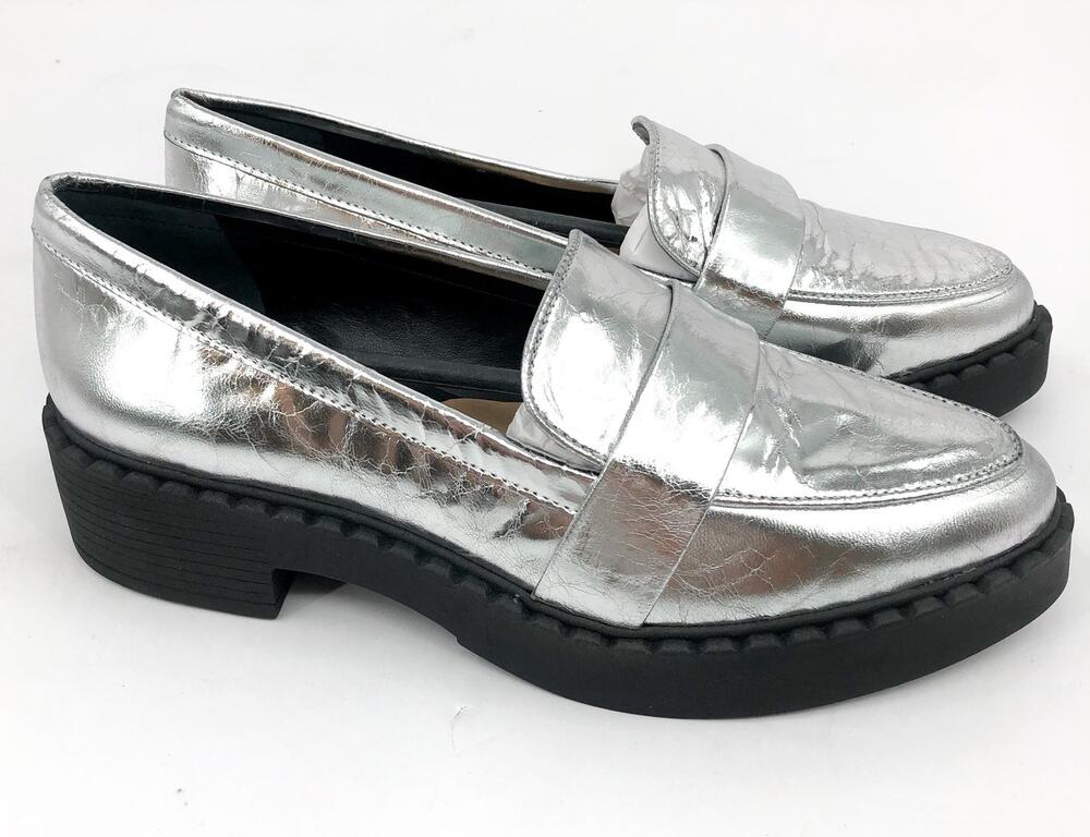 VINCE CAMUTO Women's Echika Loafers Size 6 Silver Leather Block Heel Penny NWOB